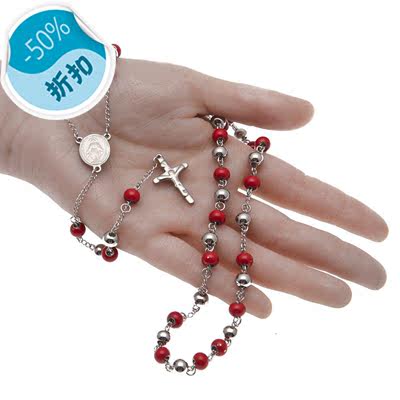 ebay新款经典款嘻哈不锈钢高质量保色红色串珠耶稣十字架项链