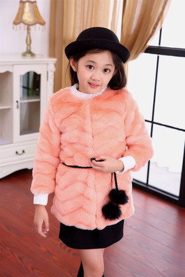 韩版2015新款秋冬儿童中长款长袖加厚圆领上衣仿貂毛女童皮草外套