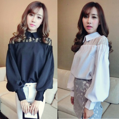 2015秋季新款女装 韩版气质灯笼袖长袖立领镂空蕾丝单排扣雪纺衫