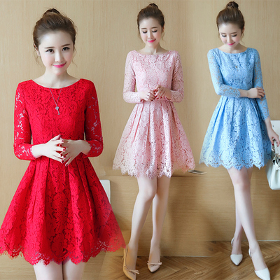 2016秋季韩版新款修身红色气质长袖蕾丝A字连衣裙打底短裙蓬
