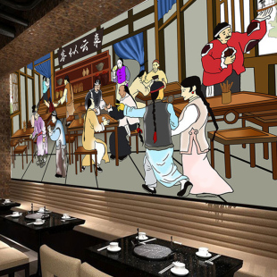 定制大型壁画商用墙纸复古中式火锅米线饭店壁纸 酒楼餐厅背景墙