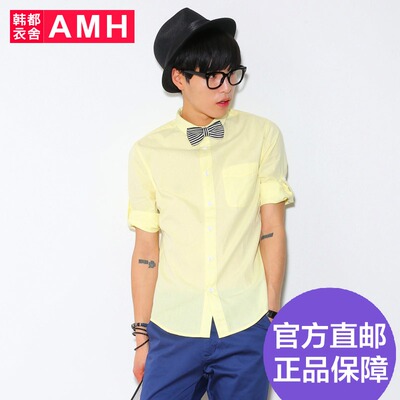 AMH男装韩版2015夏装新款修身七分袖纯色拼接男士衬衫NQ5027煷