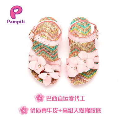 Pampili/芭比丽进口小童带花公主鞋女童搭扣软底凉鞋2016夏季新款