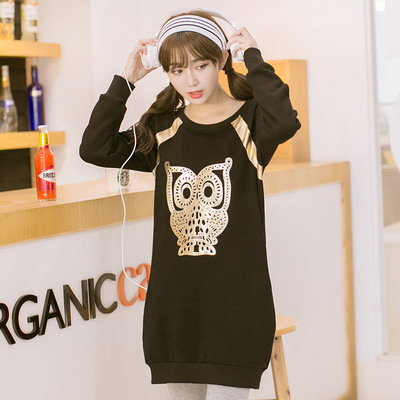2015韩国最新最低东大门女装 长款加绒女式卫衣猫头鹰套头衫