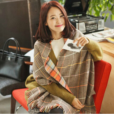 2014韩版秋冬季新款超长围巾大码空调两用中长款宽松双层格子披肩
