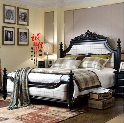 简约美式实木床新古典风格双人大床婚床欧式式深色黑色布艺床定做