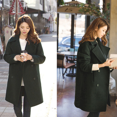2015秋冬款韩版时尚翻领双排扣加厚羊毛大衣中长款女式外套女装