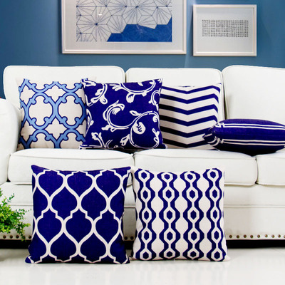 高端定制蓝色几何图案简约沙发抱枕靠垫美式地中海棉麻靠枕套含芯