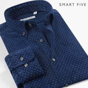 SmartFive 时尚印花灯芯绒衬衫弹力修身韩版男士长袖衬衣青年潮流