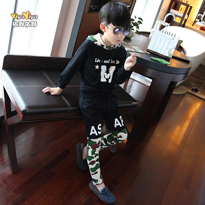 童装男童套装2015韩版新款儿童长袖套头卫衣迷彩运动裤套装纯棉潮