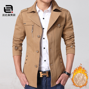 法比森男士风衣 中长款2016新款修身韩版外套长袖休闲夹克大衣男