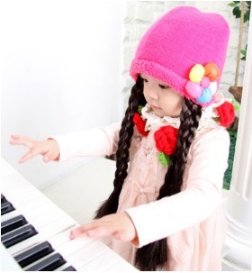 韩版女童宝宝婴儿童冬季套头帽子长辫子假发帽加绒加厚公主2-4岁