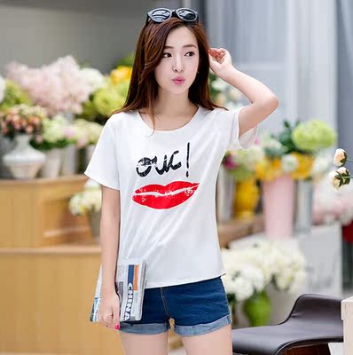 2015夏季新款韩版女装修身时尚雪纺印花百搭短袖T恤