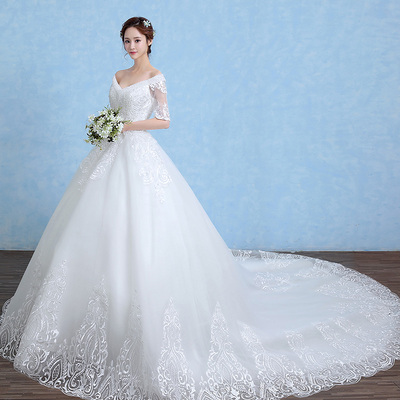 婚纱礼服2016冬季新款韩式一字肩V领大码长拖尾蕾丝结婚中袖显瘦