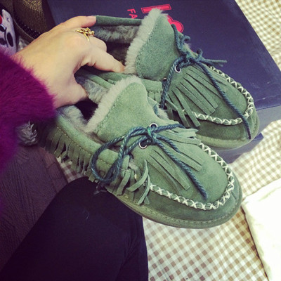 2015冬韩版流苏雪地靴磨砂皮保暖棉鞋平底一脚蹬加绒女士豆豆鞋子