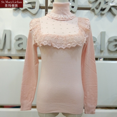 圣玛俪族2016春季韩系新款针织毛衣女套头高领加厚打底蕾丝羊毛衫