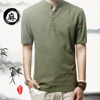 夏季棉麻男士短袖t恤上衣亚麻衬衫薄款简约中式立领宽松中国风