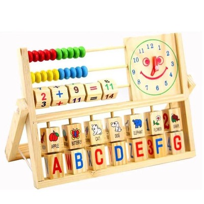 多功能笑脸时钟计算架 幼儿早教益智学习 木制玩具 数字英文学习