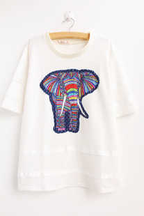 韩版全棉宽松大板卡通彩色贴布大象T恤