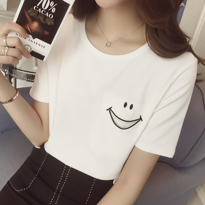 2016夏装新款韩版直筒纯色圆领笑脸口袋短袖T恤打底衫女