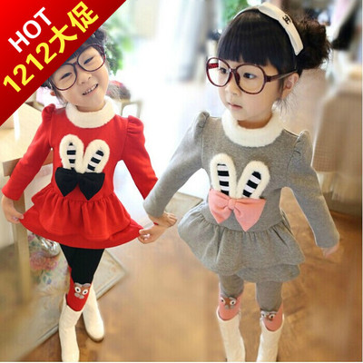 2015冬季新款童套装 韩版女童蝴蝶结儿童加厚两件套童装
