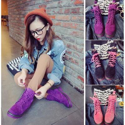 秋季新款英伦复古马丁靴粉紫色中筒低跟潮系带糖果色短靴磨砂女靴