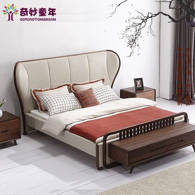 奇妙童年定制实木黑胡桃卧室1.8米双人床简约现代软包婚床家具