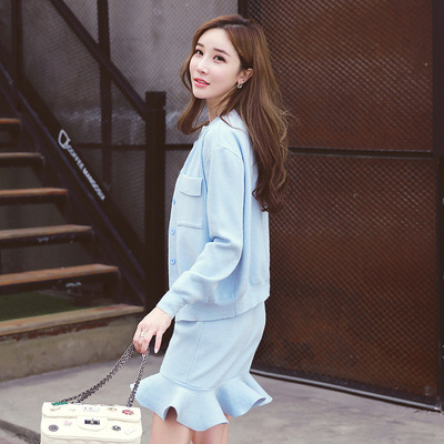 2016韩版修身长袖针织开衫女毛衣外套鱼尾连衣裙两件套装
