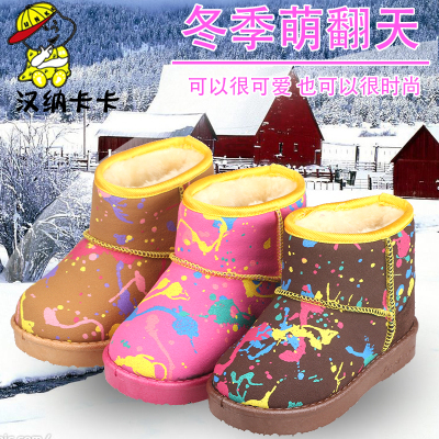 2015冬季新款儿童雪地靴涂鸦防水保暖韩版舒适棉鞋一脚蹬男女童鞋