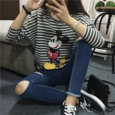 2016秋季韩版米奇卡通长袖女宽松蝙蝠袖T恤圆领中长款条纹打底衫
