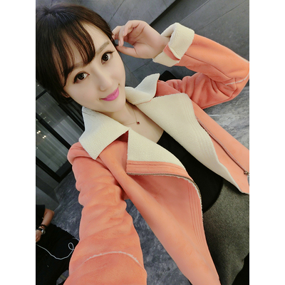 1305#2015韩版秋装新款女装翻领桔色麂皮绒修身短款外套