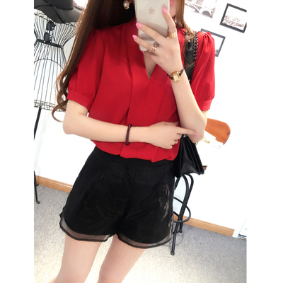 欧洲站2015夏新款红色上衣修身显瘦名媛两件套雪纺衫+短裤套装女