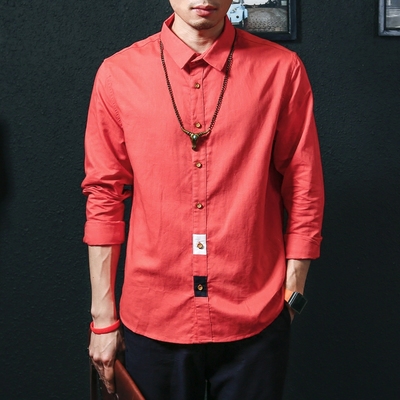 衬衣男士韩版潮人修身高级棉麻日系四季长袖西瓜红衬衫休闲男装