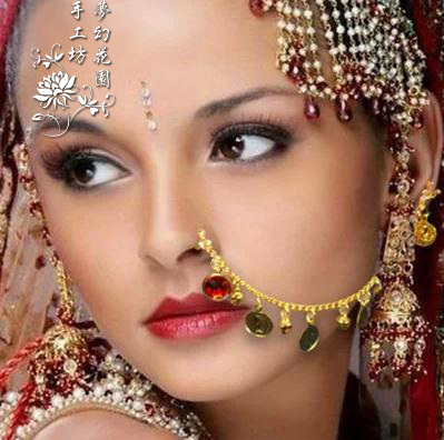 印度肚皮舞蹈鼻链鼻夹鼻环 沙里瓦红宝石美人头金色吊坠民族配饰