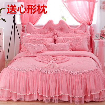 全棉韩式四件套紫色公主蕾丝床上用品纯棉床裙结婚庆床品婚礼家纺