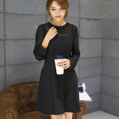 2015春装新款韩版修身显瘦雪纺连衣裙薄透性感拼接黑色长袖打底裙