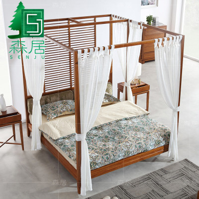 森居东南亚风格槟榔色双人床 新中式胡桃木家具1.8米实木架子床