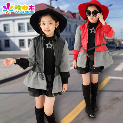 女童外套2015秋冬装新款中大童童装韩版时尚拼接设计皮衣上衣外套