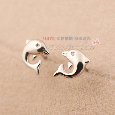 包邮 925银耳钉女时尚日韩海豚耳钉可爱韩版甜美纯银防过敏小饰品