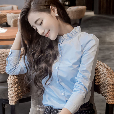 2016秋季新款花边领长袖百搭修身纯色单排扣显瘦衬衫