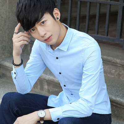 衬衫男士长袖修身韩版白色商务休闲秋季纯色免烫衬衣青年黑寸衫