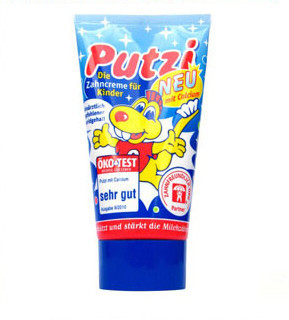 进口PUTZI儿童牙膏德国可吞食含钙固齿护齿牙膏泡泡糖味50ml