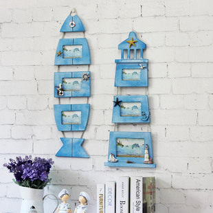 地中海木质五联鱼形相框创意灯塔壁饰儿童房卧室墙饰家居装饰壁挂