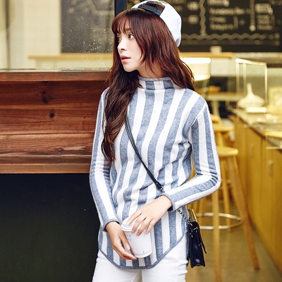 芙芙列格 2015韩版新款宽松百搭加厚中长款高领条纹毛衣打底衫女