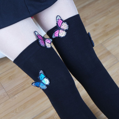 春秋季刺绣蝴蝶甜美风过膝袜套 全棉护腿高筒袜 长筒大腿袜堆堆袜