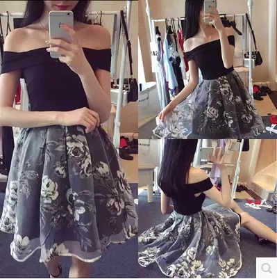 2015夏季新款韩版潮女装批发一字肩拼接花朵欧根纱显瘦连衣裙
