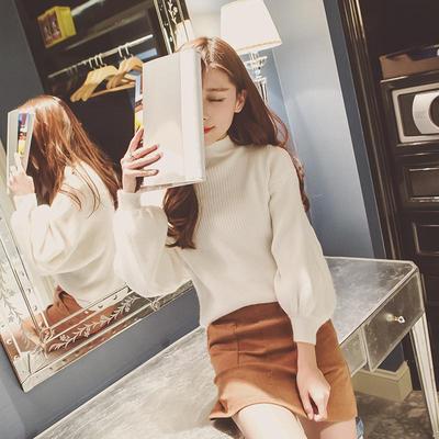韩国代购秋装新款韩版纯色半高领显瘦针织衫宽松蝙蝠袖套头毛衣女