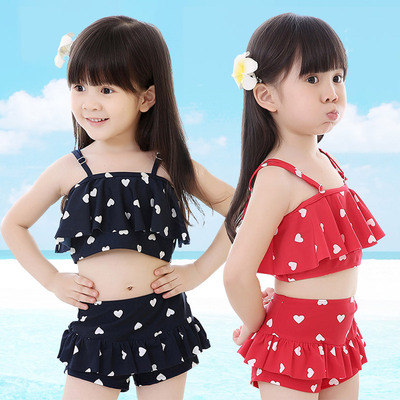 韩版儿童游泳衣女童女孩泳装可爱荷叶边分体裙式小中大童泳裤套装