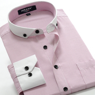 英巴克男士长袖衬衫 紫色小格子韩版修身免烫寸衣 休闲潮流衬衣