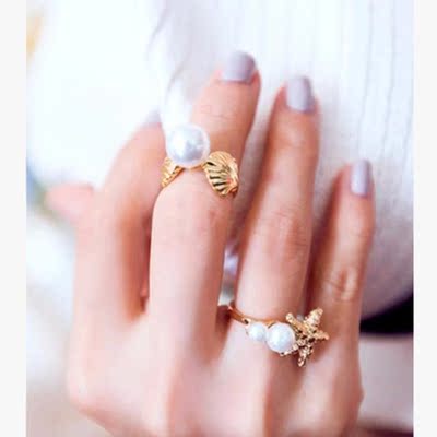 独家定制 日本海洋风贝壳海星珍珠镶嵌开口戒指